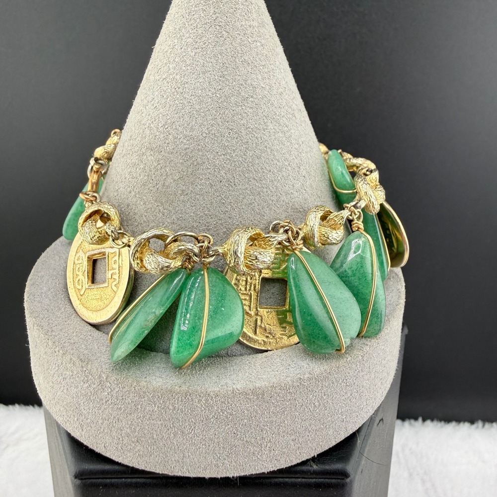 Vintage Gold Filled Charm Bracelet Green Stone Chinese Coin 7"